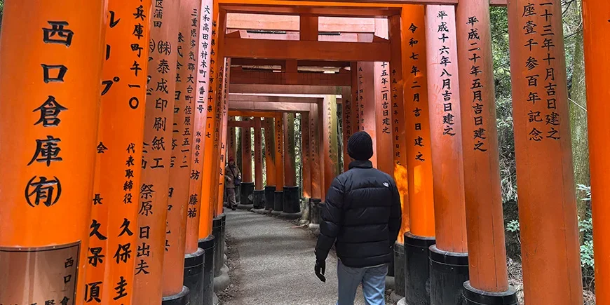 Mann spaziert durch die Torii-Tore von Fushimi Inari
