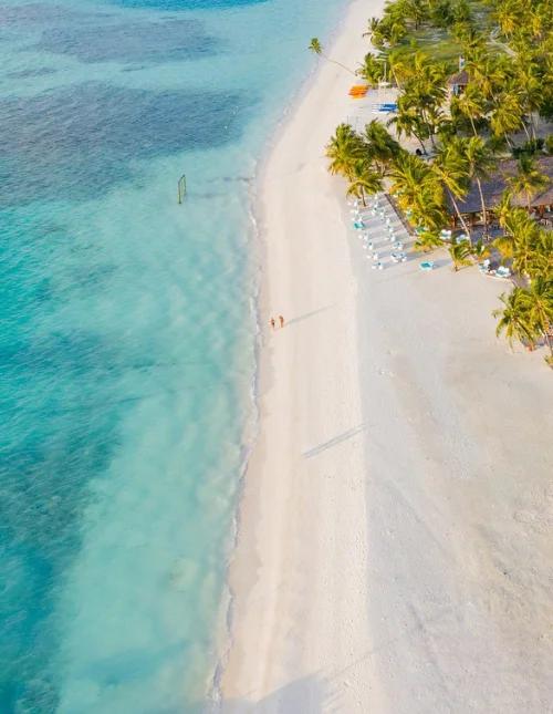 Weißer Sandstrand und türkisfarbenes Meer, gesäumt von Palmen, aus der Vogelperspektive