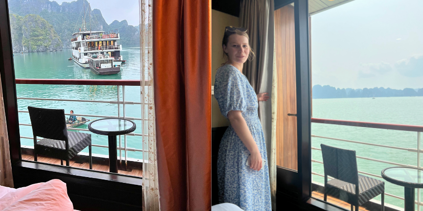 Aussicht von der Kabine des Kreuzfahrtschiffes in der Halong-Bucht