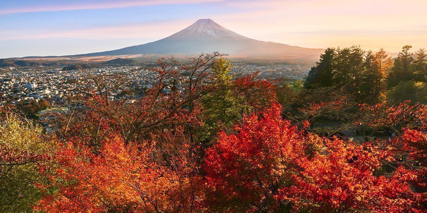 Herbstfarben und Blick auf den Berg Fuji in Japan.
