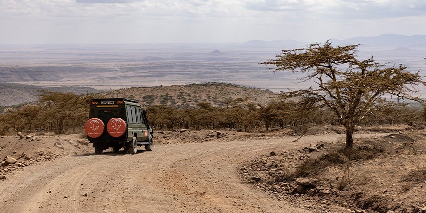 Allradfahrzeug mit TourCompass-Logo geht auf Safari in Tansania