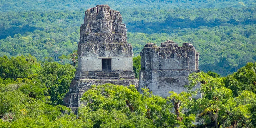 Ruinen ragen über den Regenwald im Nationalpark Tikal in Guatemala empor