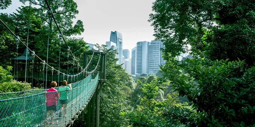 Zwei Frauen überqueren eine Hängebrücke im KL Forest Eco Park, Kuala Lumpur