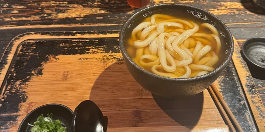 Udon-Nudeln in klarer Brühe
